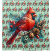 (鳥)ショウジョウコウカンチョウオンパインブランチウィズウィンターベリー シャワーカーテン (正面)