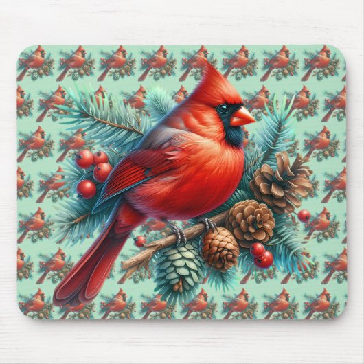 (鳥)ショウジョウコウカンチョウオンパインブランチウィズウィンターベリー マウスパッド (正面)