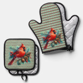 (鳥)ショウジョウコウカンチョウオンパインブランチウィズウィンターベリー 鍋つかみ&鍋敷きセット (正面/裏面)