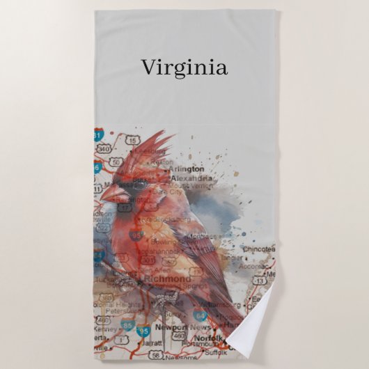 （鳥）ショウジョウコウカンチョウオンVirginia Road Map ビーチタオル (正面)