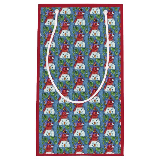 （鳥）ショウジョウコウカンチョウガード雪だるまかわいいクリスマスレッドバード スモールペーパーバッグ (正面)