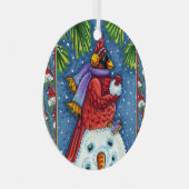(鳥)ショウジョウコウカンチョウガード雪だるまかわいいクリスマスレッドバード メタルオーナメント (正面右)