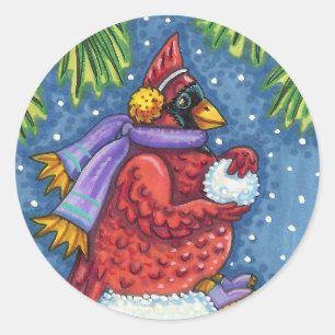 （鳥）ショウジョウコウカンチョウガード雪だるまかわいいクリスマスレッドバード ラウンドシール