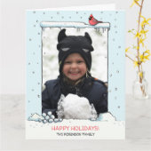 （鳥）ショウジョウコウカンチョウクリスマスカード、（鳥）ショウジョウコウカンチョウ写真はがき カード (黄色い花)