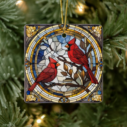 (鳥)ショウジョウコウカンチョウステンドグラス赤い鳥追悼ラウンド セラミックオーナメント (ツリー)