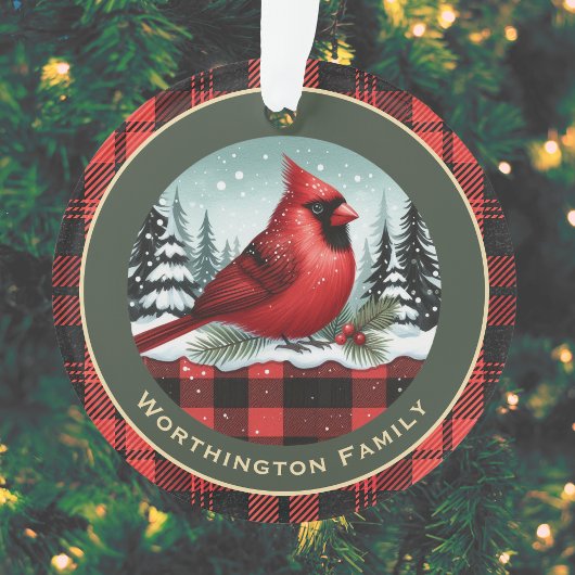 (鳥)ショウジョウコウカンチョウスノーnバッファロープレイドファミリー名モノグラム オーナメント