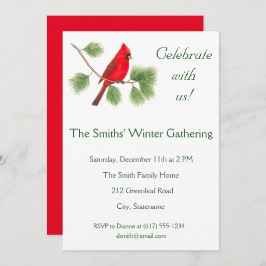 （鳥）ショウジョウコウカンチョウバードアートホリデーパーティ招待状 招待状 (正面/裏面)