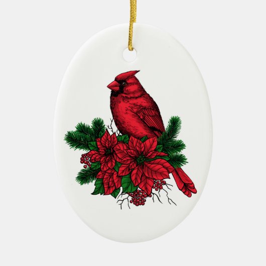 （鳥）ショウジョウコウカンチョウバードクリスマスイラストレーション セラミックオーナメント (正面)