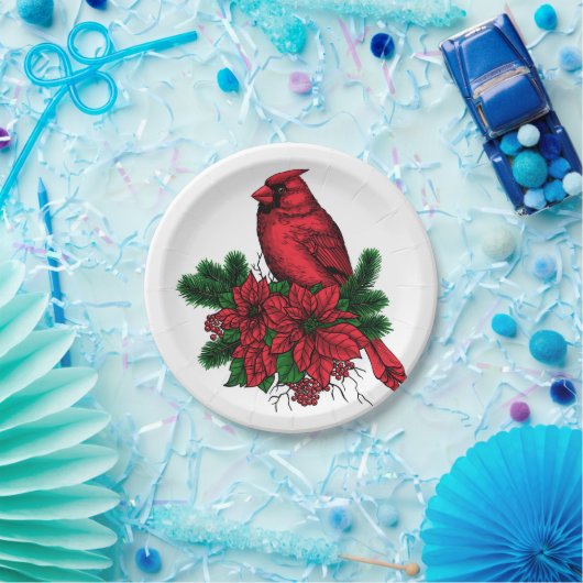 (鳥)ショウジョウコウカンチョウバードクリスマスイラストレーション ペーパープレート (パーティー)