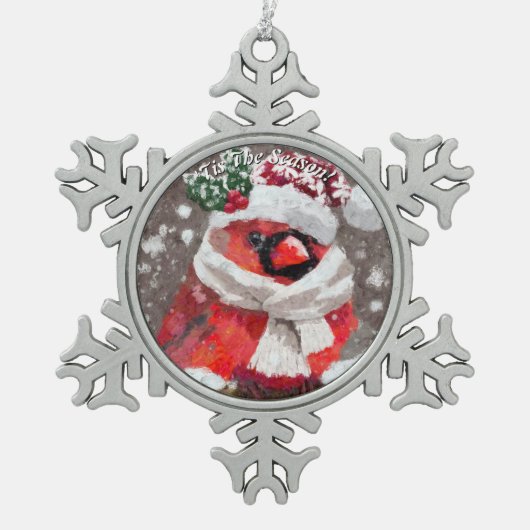 (鳥)ショウジョウコウカンチョウバードスカーフハット雪クリスマスシーズン スノーフレークピューターオーナメント (正面)