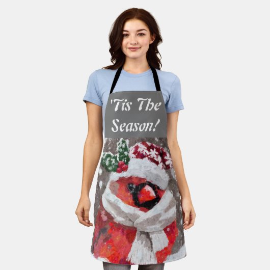 （鳥）ショウジョウコウカンチョウバードスカーフ&ハットin雪のクリスマス エプロン (着用した状態)