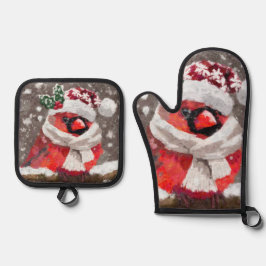 （鳥）ショウジョウコウカンチョウバードスカーフ&ハットin雪のクリスマス 鍋つかみ&鍋敷きセット