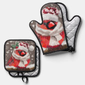 （鳥）ショウジョウコウカンチョウバードスカーフ&ハットin雪のクリスマス 鍋つかみ&鍋敷きセット (正面/裏面)