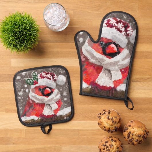 （鳥）ショウジョウコウカンチョウバードスカーフ&ハットin雪のクリスマス 鍋つかみ&鍋敷きセット (トップダウン)