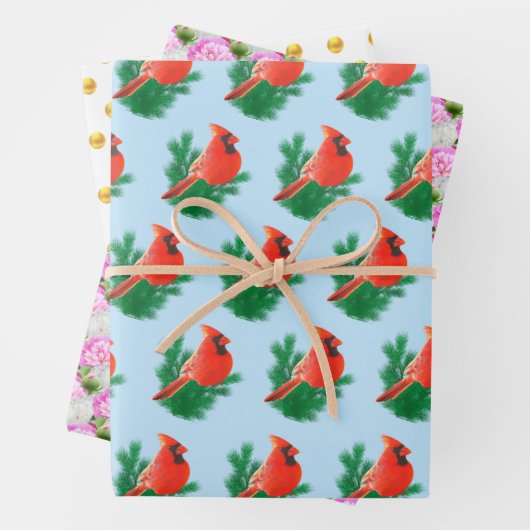 （鳥）ショウジョウコウカンチョウバード牡丹の花とゴールデン水玉模様 ラッピングペーパーシート (インサイチュ)