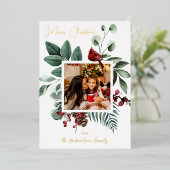 (鳥)ショウジョウコウカンチョウバード&パインメリークリスマスフォト 箔招待状 (立ち正面)