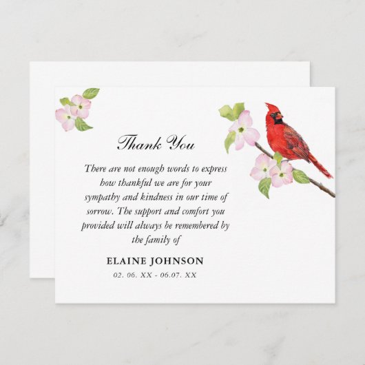 （鳥）ショウジョウコウカンチョウフローラ葬儀悔やみや弔慰ありがとう サンキューカード (正面/裏面)