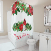 （鳥）ショウジョウコウカンチョウポインセティアパインコーンレッドホリーベリーズ シャワーカーテン (インサイチュ)
