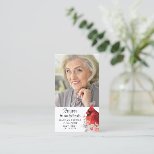 (鳥)ショウジョウコウカンチョウメモリアル2写真ピンクフローラ祈りの言葉カード 名刺 (スタンド正面)