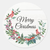 (鳥)ショウジョウコウカンチョウメリークリスマスウォーターカラーリース ラウンドシール (正面)
