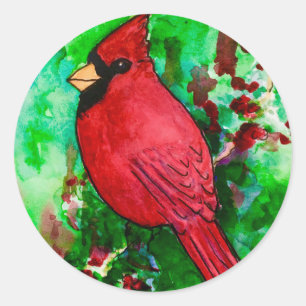 (鳥)ショウジョウコウカンチョウレッドバードグリーンフォレストウォーター絵画カラー ラウンドシール