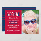 （鳥）ショウジョウコウカンチョウレッド&ネイビーブルー卒業党 招待状 (正面/裏面)