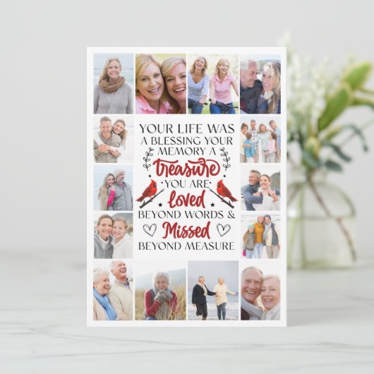 （鳥）ショウジョウコウカンチョウ引用文コラージュ写真葬儀悔やみや弔慰 サンキューカード (スタンド正面)