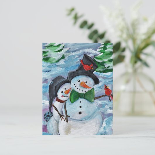 (鳥)ショウジョウコウカンチョウ訪問雪だるま ポストカード (スタンド正面)