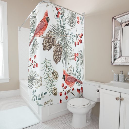 (鳥)ショウジョウコウカンチョウ鳥クリスマスヴィンテージパターン シャワーカーテン (インサイチュ)