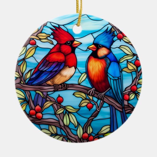 （鳥）ショウジョウコウカンチョウ鳥ステンドグラススタイル セラミックオーナメント (正面)