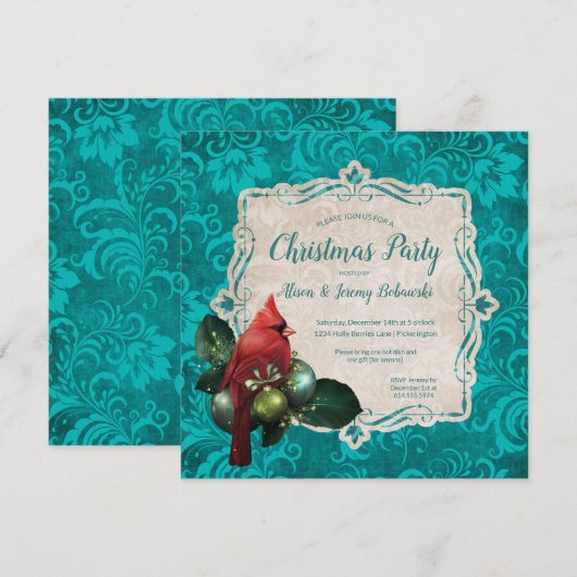 （鳥）ショウジョウコウカンチョウ&ティール（緑がかった色）ブルーフローラクリスマスパーティー 招待状 (正面/裏面)
