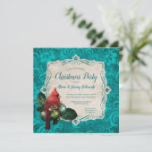 （鳥）ショウジョウコウカンチョウ&ティール（緑がかった色）ブルーフローラクリスマスパーティー 招待状 (スタンド正面)