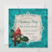 （鳥）ショウジョウコウカンチョウ&ティール（緑がかった色）ブルーフローラクリスマスパーティー 招待状 (正面)