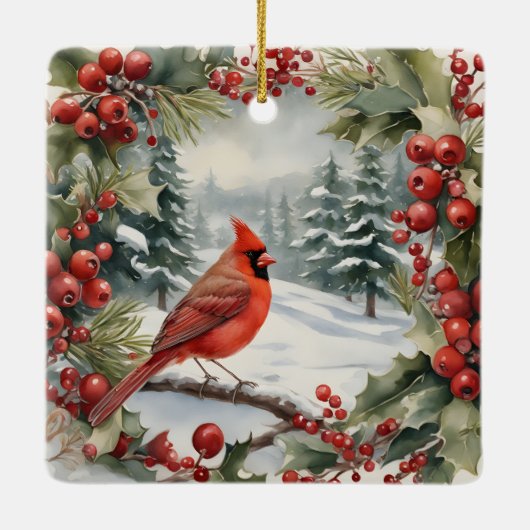 （鳥）ショウジョウコウカンチョウ、ホリーとモミのフォトフレームのクリスマス セラミックオーナメント (裏面)