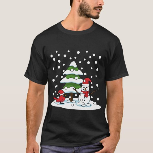 （鳥）ショウジョウコウカンチョウ、雪だるま、松に降る雪 Tシャツ (正面)