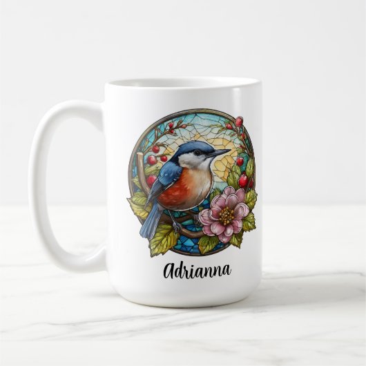 鳥 ステンドグラス 花 べリー 名前 コーヒーマグカップ (左)