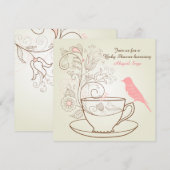 鳥、ティーカップ、花のベイビーシャワー招待状 〜 女の子 招待状 (正面/裏面)