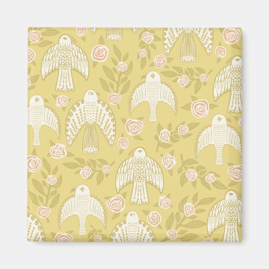 《鳥》ハヤブサとバラパターン マグネット (正面)