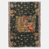 《鳥》ハヤブサズバスレッドブルーアンティーク中世タペストリー スローブランケット (正面縦)