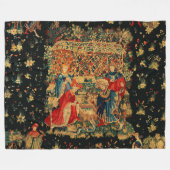 《鳥》ハヤブサズバスレッドブルーアンティーク中世タペストリー フリースブランケット (正面(横))