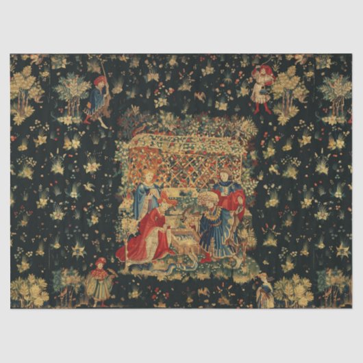 《鳥》ハヤブサズバスレッドブルーアンティーク中世タペストリー 薄葉紙 (正面)