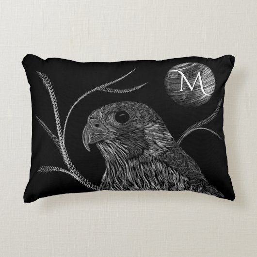《鳥》ハヤブサフルムーンモノグラムブラック アクセントクッション (正面)
