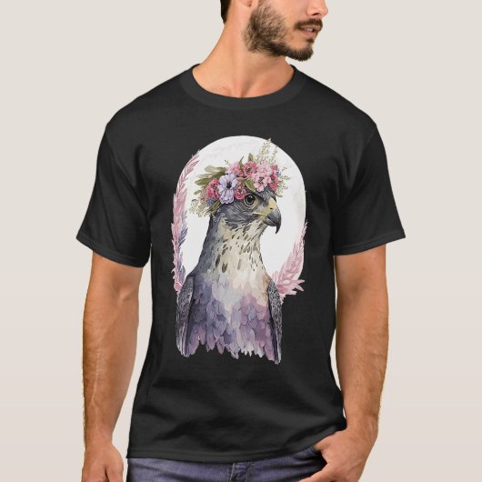 《鳥》ハヤブサ鳥餌花冠フローラ鳥類 Tシャツ (正面)