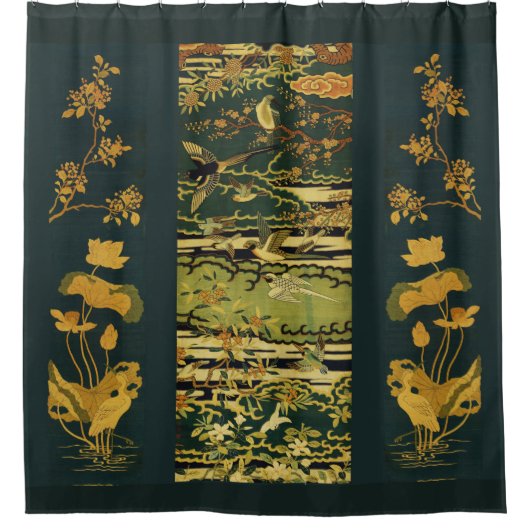 鳥、フェニックスの花の木の枝蓮の花 シャワーカーテン (正面)