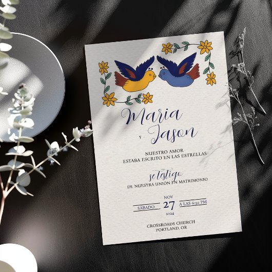 鳥 フラワー 青 黄色 チャーミング スペインの結婚式 招待状