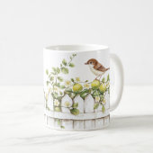 鳥 ライム 白い杭のフェンス 花 コーヒーマグカップ (正面右)