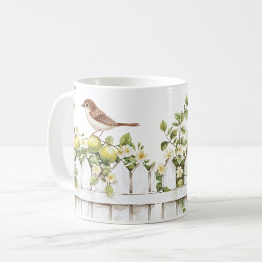 鳥 ライム 白い杭のフェンス 花 コーヒーマグカップ (正面左)