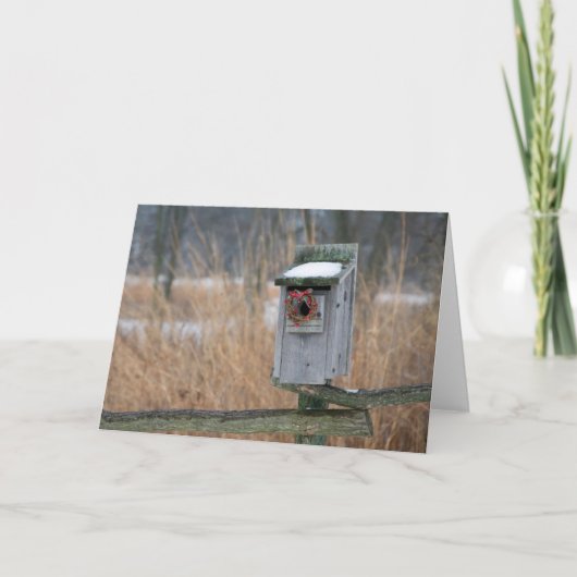 鳥、冬の休日のリースが付いている巣箱 シーズンカード (正面)