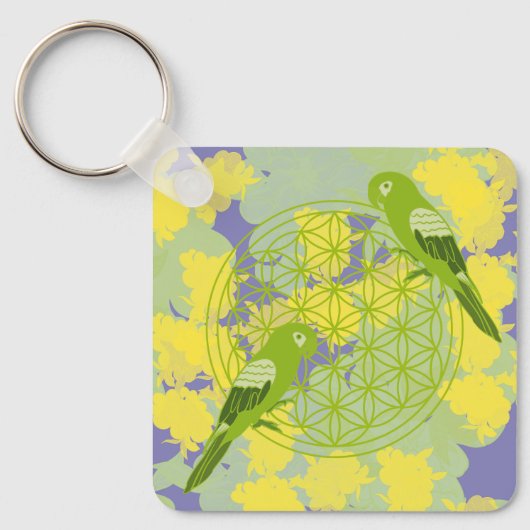 鳥，動物トーテム，禅，チャクラ，生命の花，花 キーホルダー (正面)