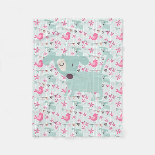 鳥、犬、旗、花 フリースブランケット (正面)